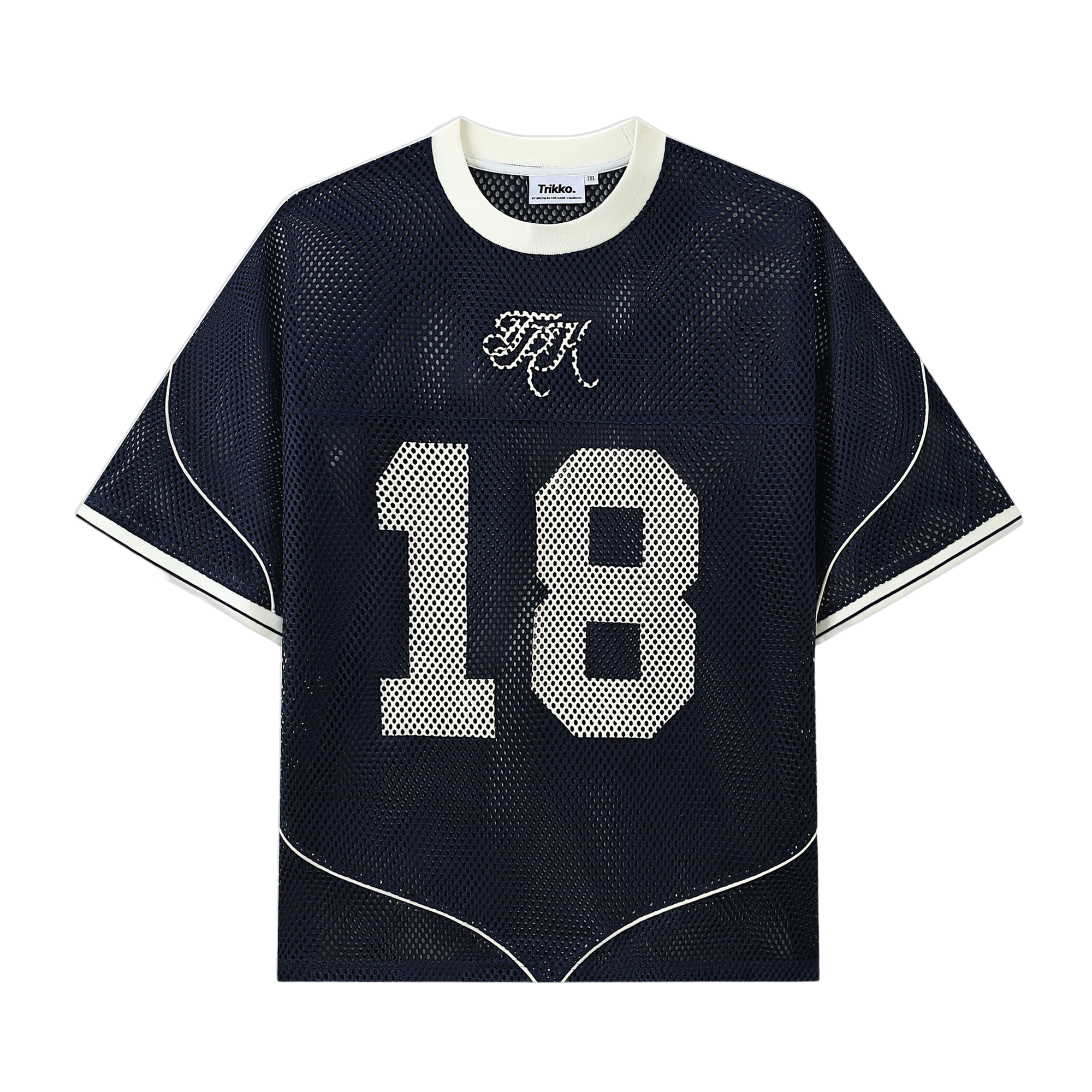 18 MESH JERSEY — navy open-hole mesh jersey with number 18 and TRK script
