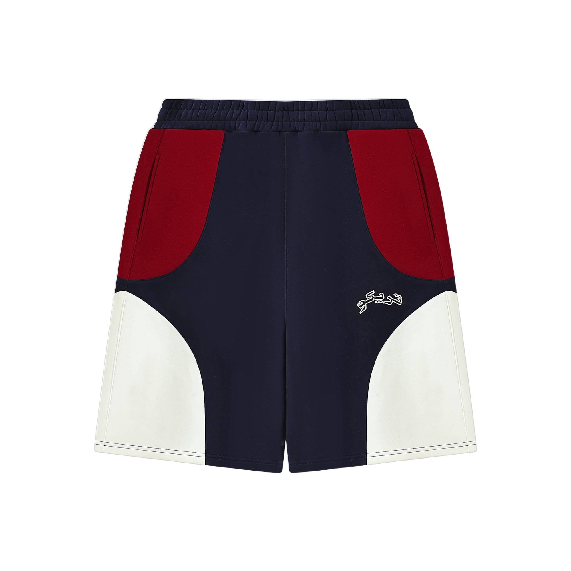 ARABIC LOGO SHORTS — navy shorts with red panels and تريكو embroidery