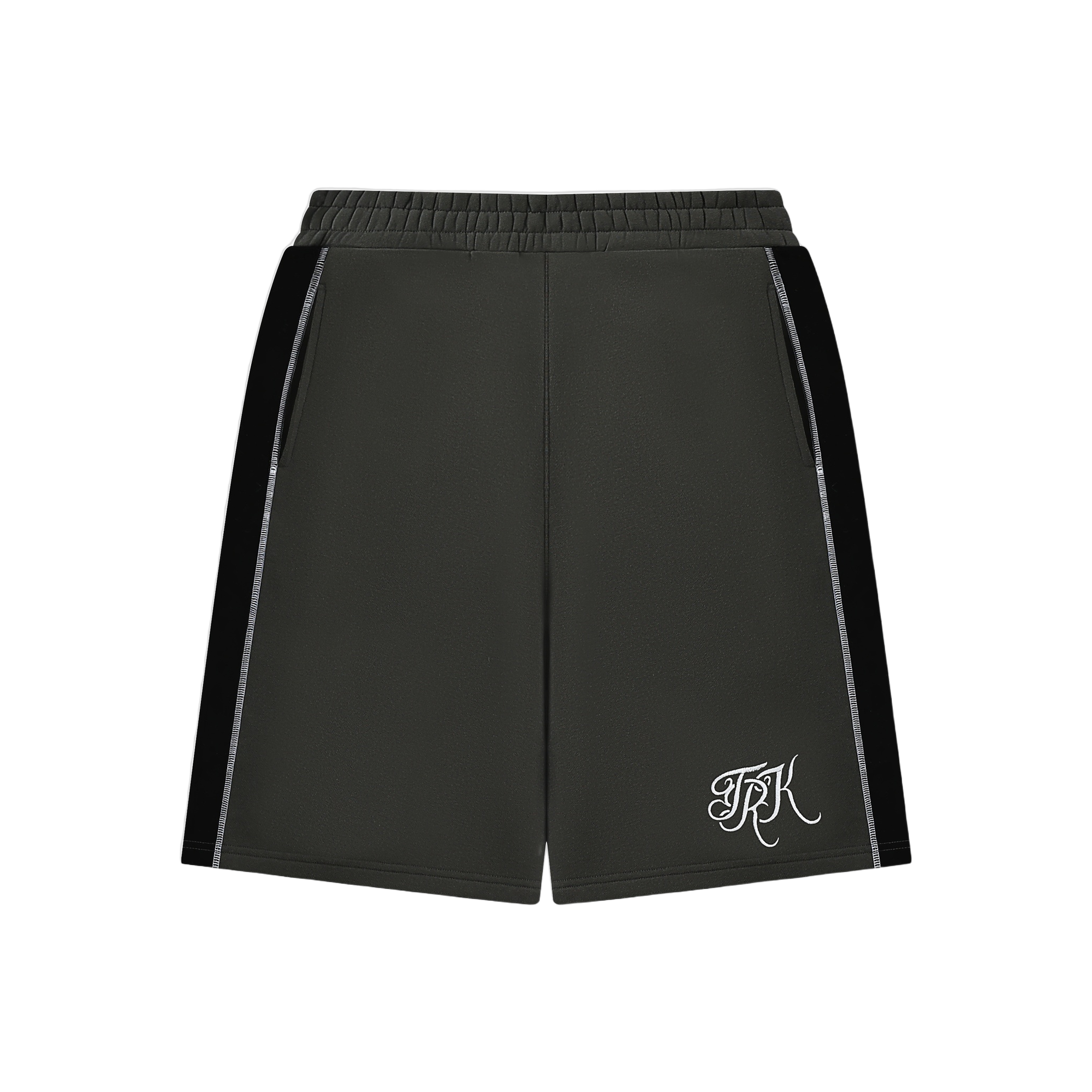 SCRIPT CONTRAST SHORTS — charcoal sweat shorts with white contrast stitch